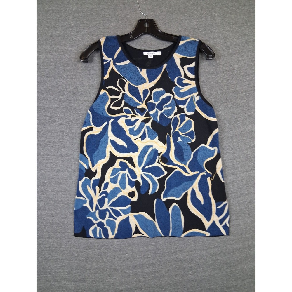 Chicos Womens Sweater M Blue Black Floral Botanical Garden Coastal Grandma VTG